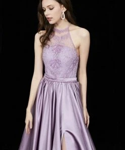 Angela & Alison - 81015 Ornate Illusion High Halter High Slit Gown