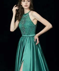 Angela & Alison - 81015 Ornate Illusion High Halter High Slit Gown