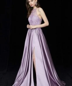 Angela & Alison - 81015 Ornate Illusion High Halter High Slit Gown