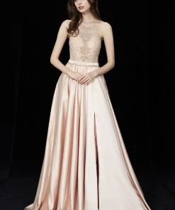 Angela & Alison - 81015 Ornate Illusion High Halter High Slit Gown