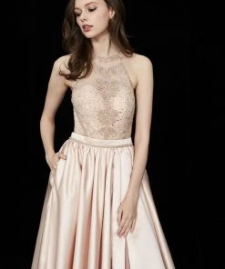 Angela & Alison - 81015 Ornate Illusion High Halter High Slit Gown