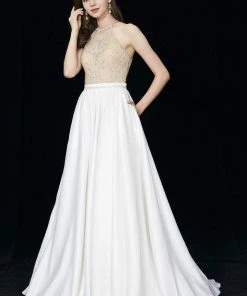 Angela & Alison - 81015 Ornate Illusion High Halter High Slit Gown