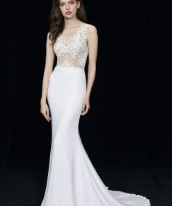 Angela & Alison - 81017 Sleeveless Embroidered Illusion Sheath Gown