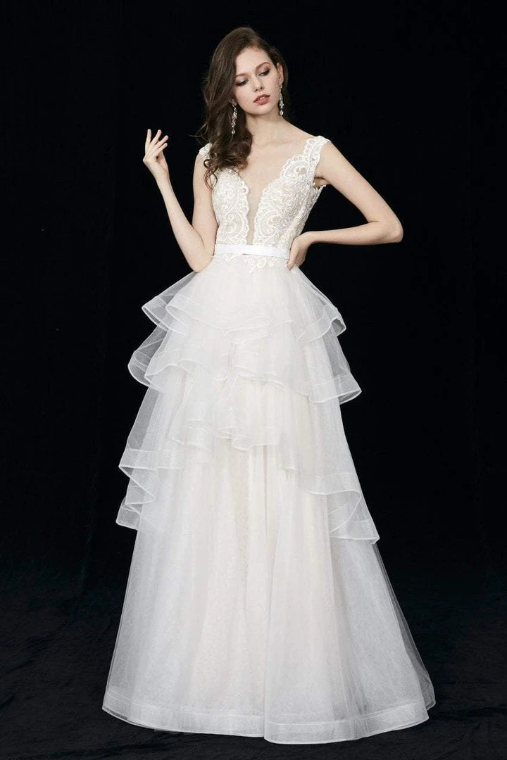 Formal Gowns Angela & Alison - 81025 Scalloped Plunge Lace Bodice Ballgown 3 Formal Gowns Angela & Alison - 81025 Scalloped Plunge Lace Bodice Ballgown