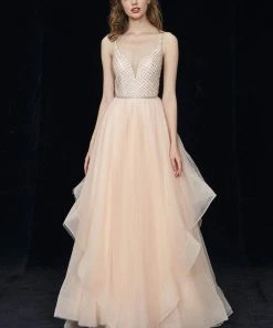 Angela & Alison - 81035 Lattice Plunging Pleated Evening Gown Formal Gowns