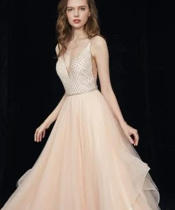 Angela & Alison - 81035 Lattice Plunging Pleated Evening Gown Formal Gowns