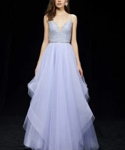 Angela & Alison - 81035 Lattice Plunging Pleated Evening Gown Formal Gowns