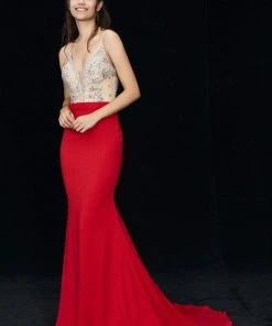 Formal Gowns Angela & Alison - 81047 Crystal Embellished Plunging Mermaid Gown