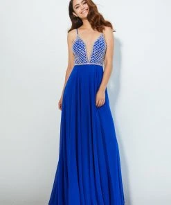 Formal Gowns Angela & Alison - 81053 Bedazzled Deep V-neck A-line Dress