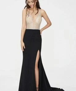 Formal Gowns Angela & Alison - 81060 Bejeweled Deep V-neck Sheath Dress