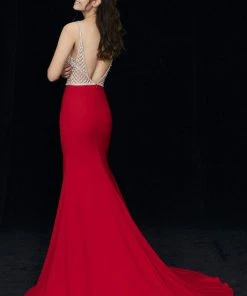 Formal Gowns Angela & Alison - 81060 Bejeweled Deep V-neck Sheath Dress