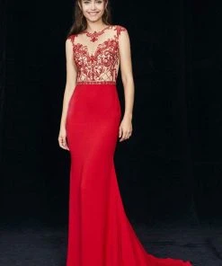 Angela & Alison - 81076 Embellished Illusion Jewel Trumpet Dress Formal Gowns