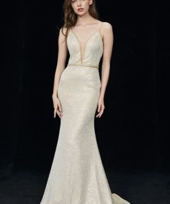 Formal Gowns Angela & Alison - 81086 Embellished Deep V-neck Trumpet Dress