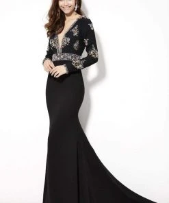 Formal Gowns Angela & Alison - 81093 Bedazzled Deep V-neck Trumpet Dress