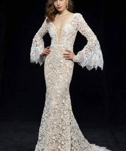 Angela & Alison - 81142 Long Bell Sleeves Fitted Lace Gown Formal Gowns