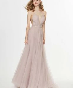 Angela & Alison - 91036 Rhinestone Criscross Waistband Illusion Plunging Soft Net Gown - 2 Pcs Rum Pink In Sizes 14 And 18 Available