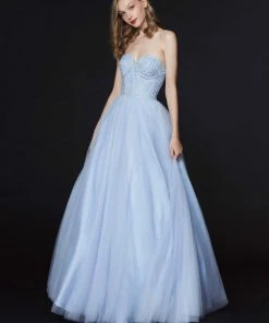 Formal Gowns Angela & Alison - 91083 Strapless Beaded Sweetheart Tulle A-line Gown - 1 Pc Light Blue In Size 8 Available