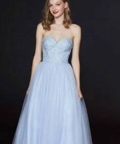 Formal Gowns Angela & Alison - 91083 Strapless Beaded Sweetheart Tulle A-line Gown - 1 Pc Light Blue In Size 8 Available