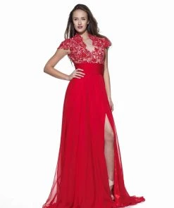 Formal Gowns Angela & Alison - 951009 Lace Cap Sleeve High Slit Long Dress