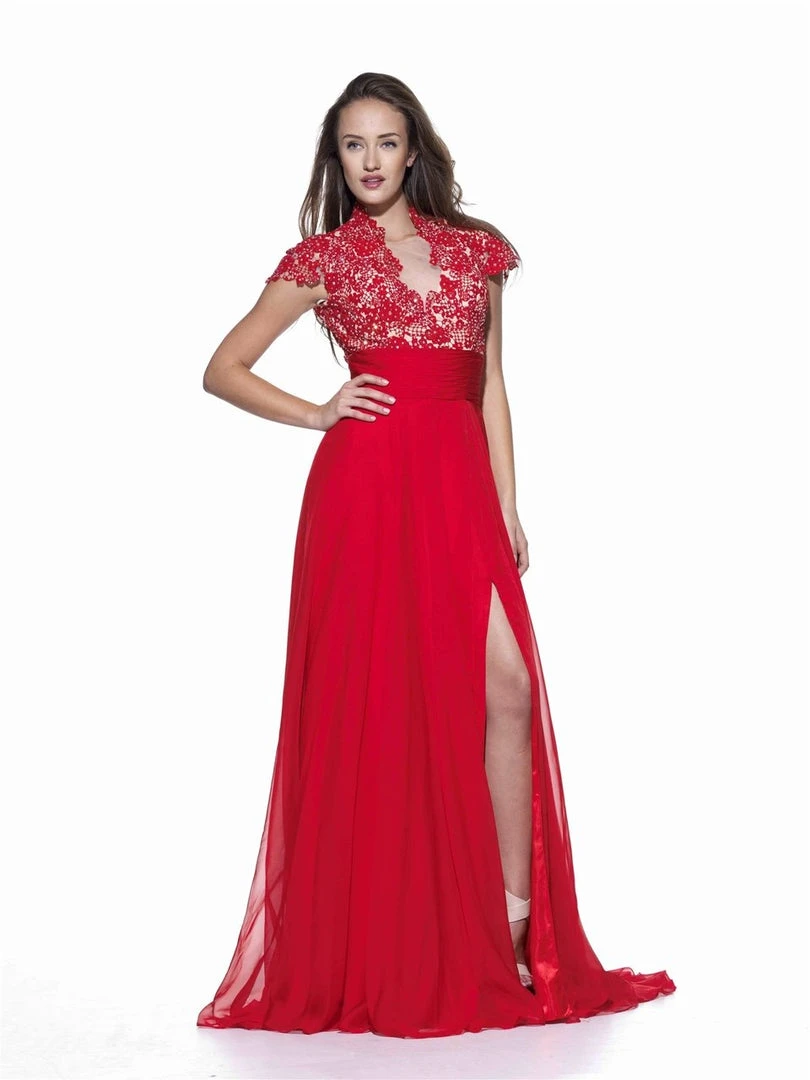 Formal Gowns Angela & Alison - 951009 Lace Cap Sleeve High Slit Long Dress 3 Formal Gowns Angela & Alison - 951009 Lace Cap Sleeve High Slit Long Dress