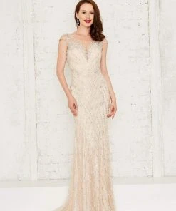 Angela & Alison - 971133 Cap Sleeve Sheer Embellished Evening Gown