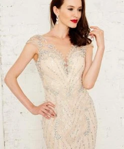 Angela & Alison - 971133 Cap Sleeve Sheer Embellished Evening Gown