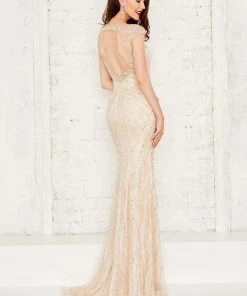 Angela & Alison - 971133 Cap Sleeve Sheer Embellished Evening Gown