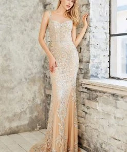 Angela & Alison - 971139 Crystal Embellished Sheer Fitted Dress Formal Gowns