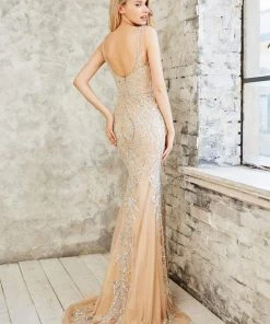 Angela & Alison - 971139 Crystal Embellished Sheer Fitted Dress Formal Gowns