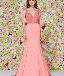 Angela & Alison - Bead Crusted Trumpet Gown - 1 Pc Peach In Size 6 Available