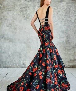 Angela & Alison Floral Print V-Neck Cutout Illusion Long Evening Gown 771030 Formal Gowns