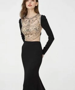 Angela & Alison - Illusion Embellished Trumpet Evening Dress 81056 - 1 Pc Black In Size 14 Available