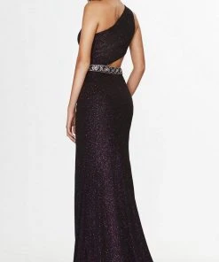Formal Gowns Angela & Alison - Long One Shoulder Glitter Gown 91018 - 1 Pc Deep Purple In Size 12 Available