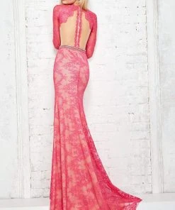 Angela & Alison Long Sleeve Illusion Lace High Slit Gown - 1 Pc Fuchsia In Size 2 Available
