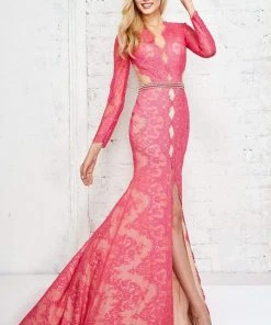Angela & Alison Long Sleeve Illusion Lace High Slit Gown - 1 Pc Fuchsia In Size 2 Available