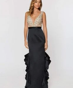 Ashley Lauren - 1160 Beaded V-neck Ruffled Column Dress