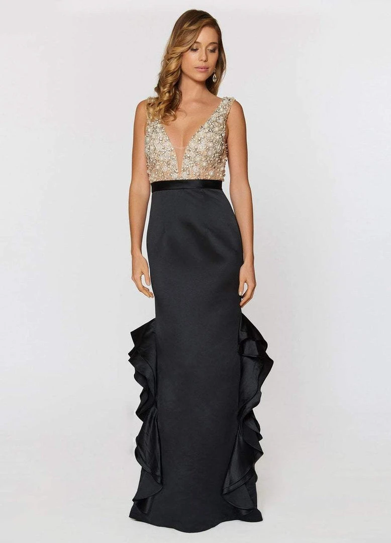 Ashley Lauren - 1160 Beaded V-neck Ruffled Column Dress 3 Ashley Lauren - 1160 Beaded V-neck Ruffled Column Dress
