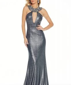 Ashley Lauren - 1261 Bedazzled Halter Jersey Sheath Dress