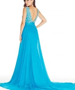 Formal Gowns Ashley Lauren - 1277 Plunging Evening Dress With Overskirt 7 Formal Gowns Ashley Lauren - 1277 Plunging Evening Dress With Overskirt