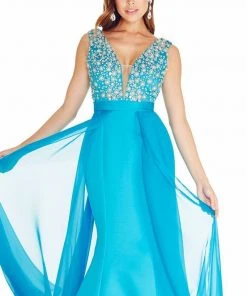 Formal Gowns Ashley Lauren - 1277 Plunging Evening Dress With Overskirt 8 Formal Gowns Ashley Lauren - 1277 Plunging Evening Dress With Overskirt
