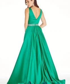 Ashley Lauren - 1304 Crystal Embellished Deep V-neck Ballgown