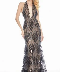 Ashley Lauren - 1374 Sequined Deep Halter V-neck Trumpet Dress Formal Gowns