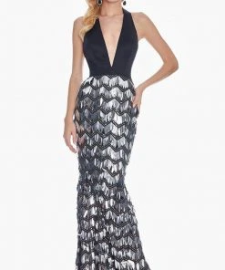 Ashley Lauren - 1375 Plunging Halter Sequined Paillette Mermaid Gown Formal Gowns