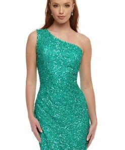 Ashley Lauren - 4469 Beaded One-Shoulder Lace-Up Back Dress - 1 Pc Jade In Size 0 Available