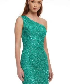 Ashley Lauren - 4469 Beaded One-Shoulder Lace-Up Back Dress - 1 Pc Jade In Size 0 Available