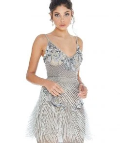 Ashley Lauren - Bead-Fringed Sheath Dress 4261 - 1 Pc Silver/Pewter In Size 8 Available