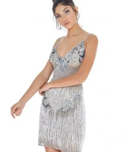 Ashley Lauren - Bead-Fringed Sheath Dress 4261 - 1 Pc Silver/Pewter In Size 8 Available