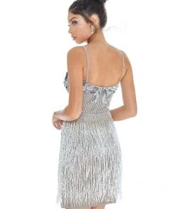 Ashley Lauren - Bead-Fringed Sheath Dress 4261 - 1 Pc Silver/Pewter In Size 8 Available