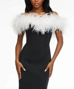 Ashley Lauren - Feather-Trimmed Cocktail Dress 4490 - 1 Pc White/Black In Size 12 Available Cocktail Dresses