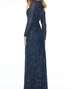 Formal Gowns Ashley Lauren - Sequin Ornate Long Sleeve Gown 1985 - 1 Pc Navy In Size 6 Available